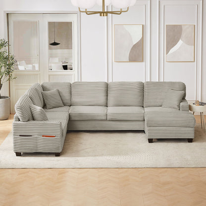 Upholstered U-Shaped Sectional Sofa with Movable Ottoman and Storage Pockets - Multiple Colors