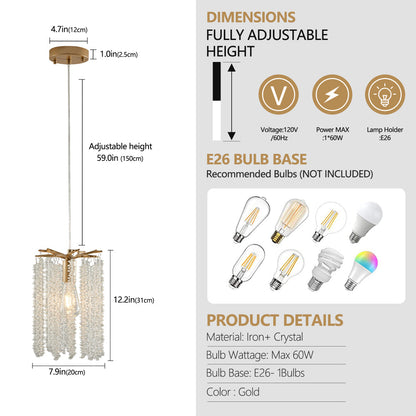 Crystal Pendant Lights Set of 3 | Luxury Waterfall Bead Design, Gold Finish Chandelier for Kitchen Island
