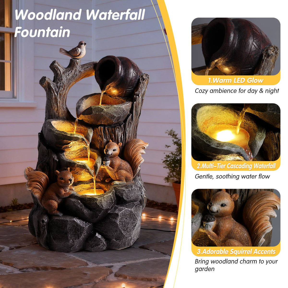 Squirrel Outdoor Water Fountain with Lights