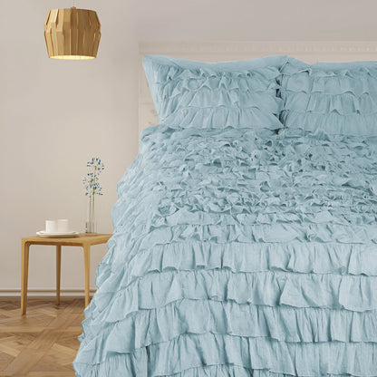 400TC Sateen Solid Cotton Waterfall Ruffle Duvet Cover Set