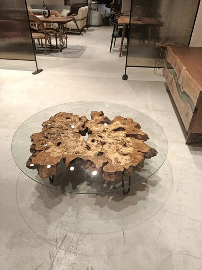Olive Wood Rustic Coffee Table Featured Glass On Top