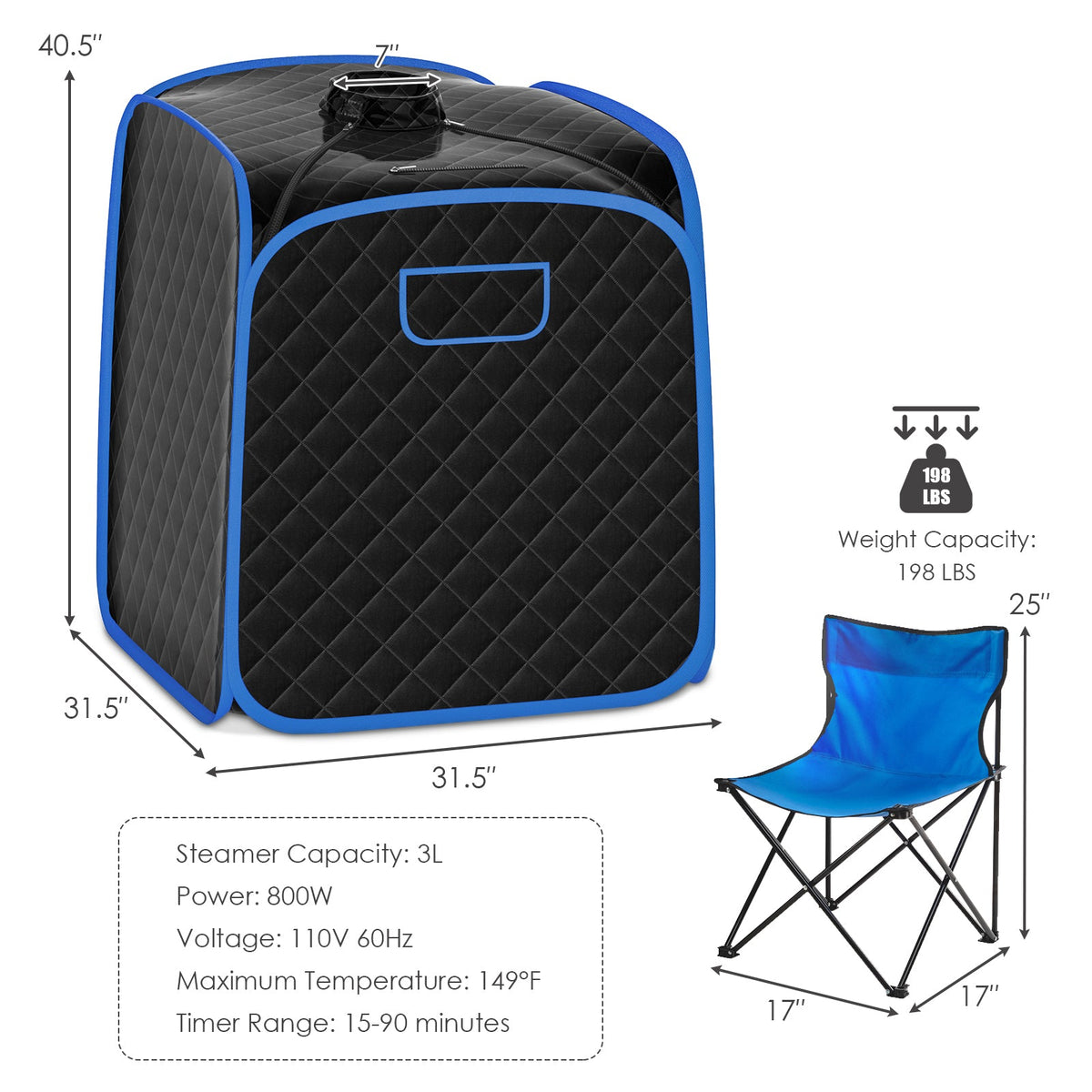 Portable Personal Steam Sauna Spa with Steamer Chair-Black