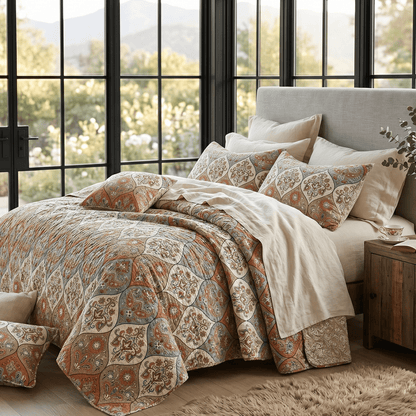 DaDa Bedding Bohemian Floral Paisley Garden Coral Teal Quilted Bedspread Set (LH1403)