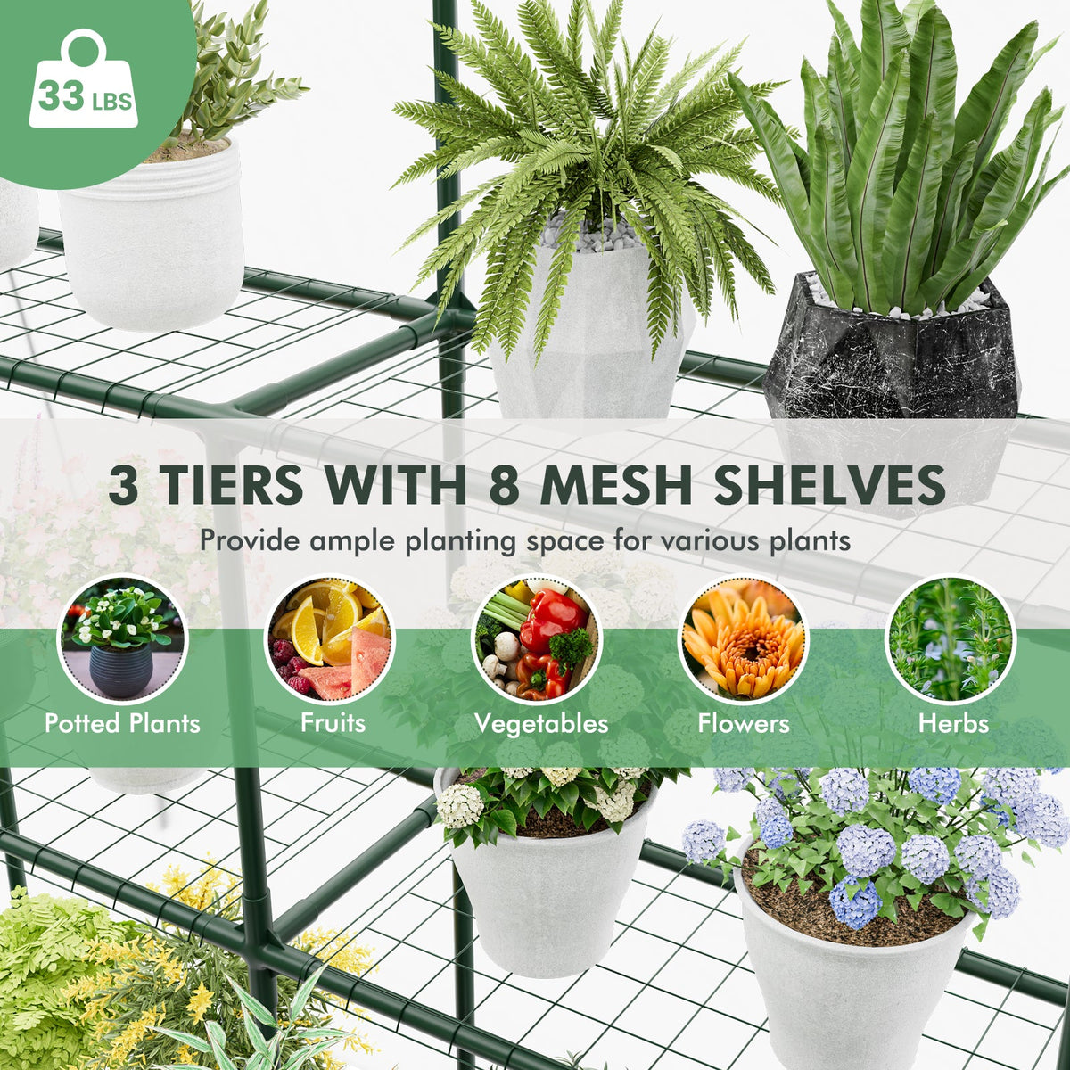 Walk-in Greenhouse with 3 Tiers 8 Shelves PVC Cover Roll-up Zippered Door
